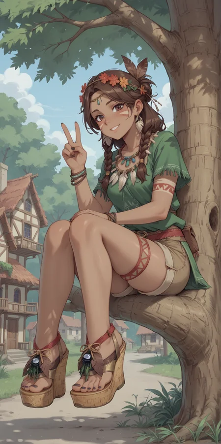 score_9, score_8_up, score_7_up, score_6_up, source_anime,
1girl,
brown hair,
dark skin,
tribal,
sitting in tree, sitting on tree branch, legs dangling,
feet, toes, black toenail polish,
(b0h0 heels), platform footwear,
(forest:0.9), town, village,
looking at viewer, v,
hippie tunic, frayed brown shorts,
embedding:zPDXLrl ,
embedding:zPDXL2 ,
