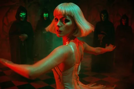 cinematic still, Elvira Hancock as The Gilded Phantom, caught mid-turn in a ritual dance among demon acolytes with glowing masks, her limbs elongated by slow shutter, platinum bob catching teal and crimson strobe pulses, upper body close-up, fisheye shot, background of a checkerboard floor melting into fog, mood of hypnotic ritual and painterly horror, saturated red and emerald spotlighting, color theme of witch-red, forest green, and bone white, style reference Suspiria