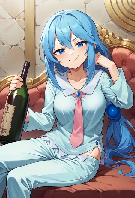 score_9, score_7_up, source_anime, solo, BREAK <lora:AEAqua:1> blue eyes, blue hair, hair ornament, AEAquaPaj, low-tied long hair, pajamas, pink necktie, holding bottle, alcohol, wine bottle, couch, sitting, leaning to the side, smug,