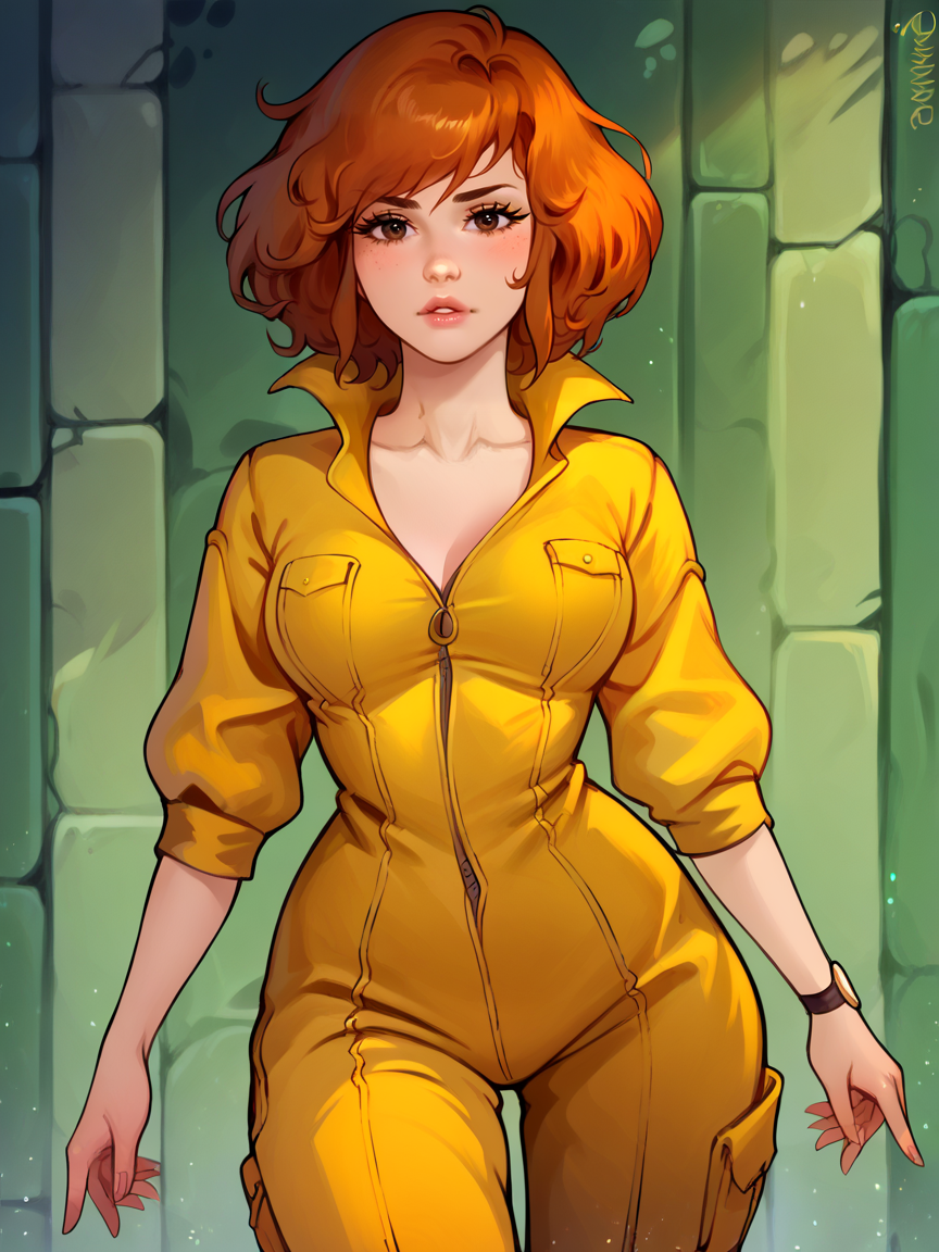 score_9, score_8_up, score_7_up, score_6_up, score_5_up,  <lora:prywXLP:1> pryw, 1girl, long hair,  <lora:AprilONeilXLP:0.8> april o'neil, 1girl, solo, orange hair, short hair, jumpsuit