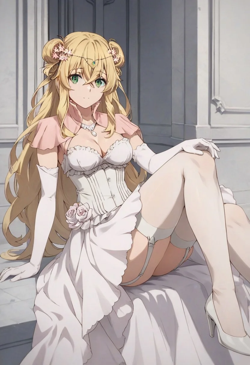score_9,score_8_up,score_7_up, altena elgard ratis, 1girl, blonde hair, long hair, hair between eyes, green eyes, hair bun, double bun, breasts, dress, cleavage, gloves, elbow gloves, hair ornament, hair flower, flower, white gloves, jewelry, necklace, thighhighs, white dress, capelet, high heels, garter straps ,