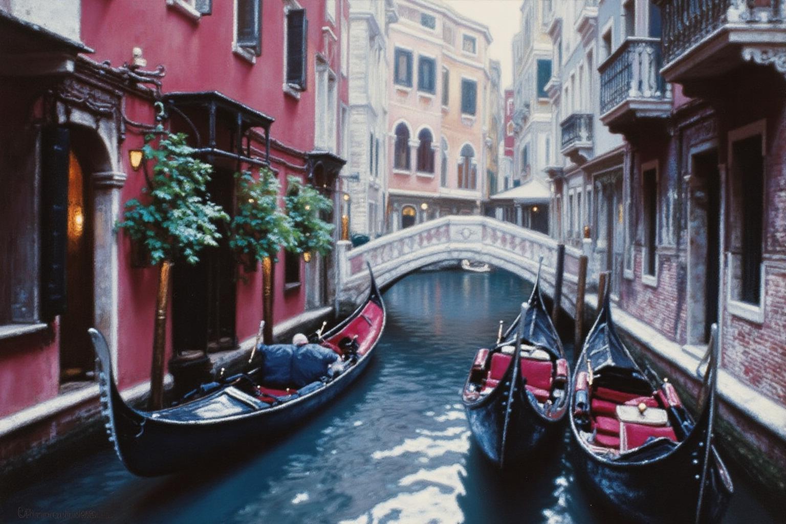 chenyifei2 painting.
A scene in Venice, featuring a narrow, tranquil canal lined with historic buildings. In the foreground, two gondolas are moored along the canal.
 <lora:chenyifei2_cap_d6a3:1.0><lora:839869688101059981:0>