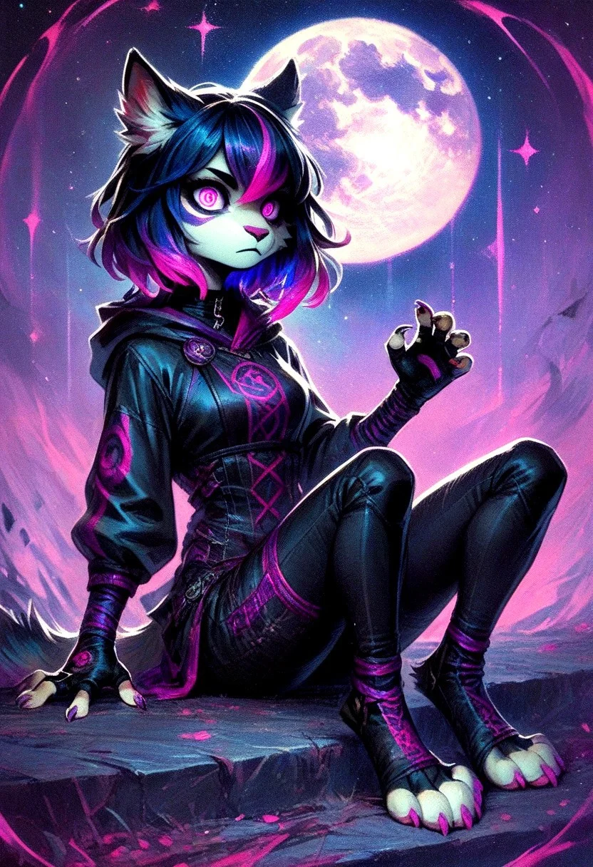 score_9, score_8_up, score_7_up, ccrms, source_furry, female furry, bright eyes, (medium hair, dark blue hair, violet highlights:1.4), paws, small claws, sitting, moon, jewelry, fingerless gloves, long sleeves,