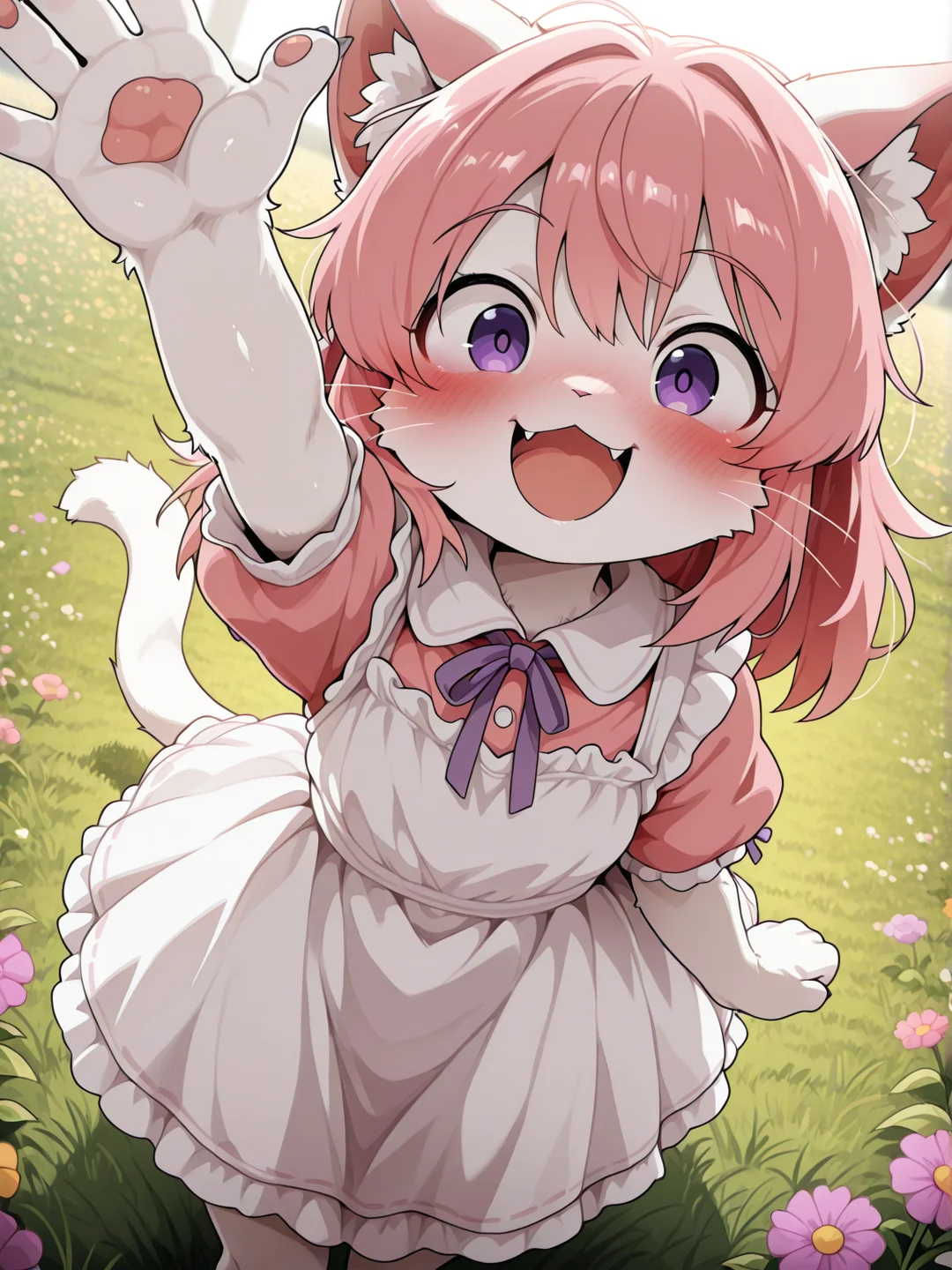 <lora:CivChan:1>, civchan, 1girl, furry, anthro, cat, Dagasi, solo, cute, purple eyes, pink hair, white fur, fangs, adorable, wholesome, looking at viewer, blush, smile, giddy, excited, scrunched nose, whiskers, paws, dress, waving, field of flowers, pastel, dynamic angle, beautiful lighting