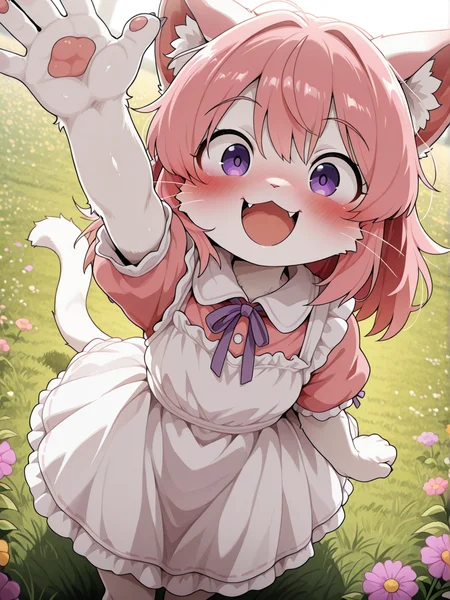 <lora:CivChan:1>, civchan, 1girl, furry, anthro, cat, Dagasi, solo, cute, purple eyes, pink hair, white fur, fangs, adorable, wholesome, looking at viewer, blush, smile, giddy, excited, scrunched nose, whiskers, paws, dress, waving, field of flowers, pastel, dynamic angle, beautiful lighting