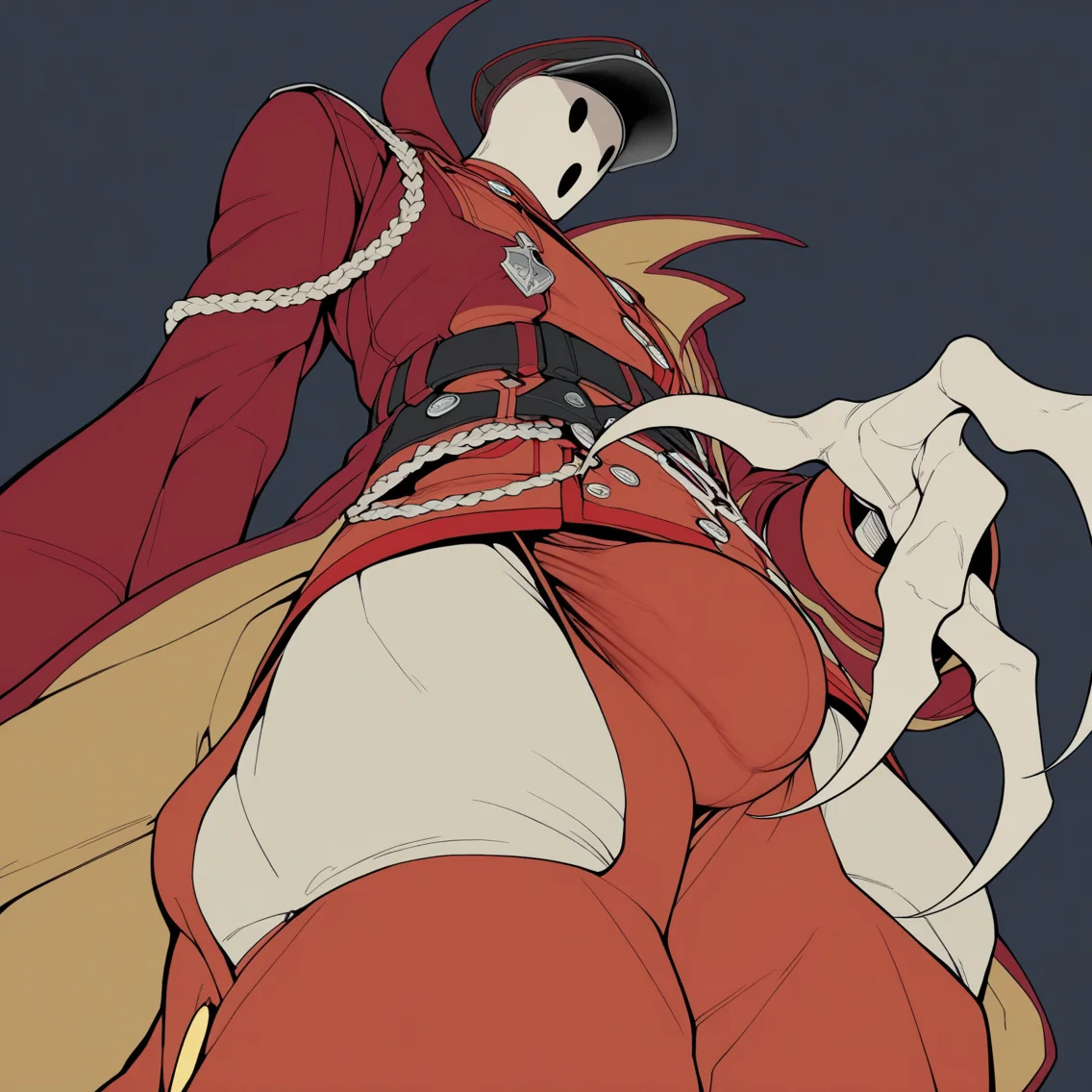 <lora:Pandoras Actor:1> (pandoras_actor), 1boy, solo, sharp fingers, pale, red jacket, bulge, masterpiece, flat color, view from below,