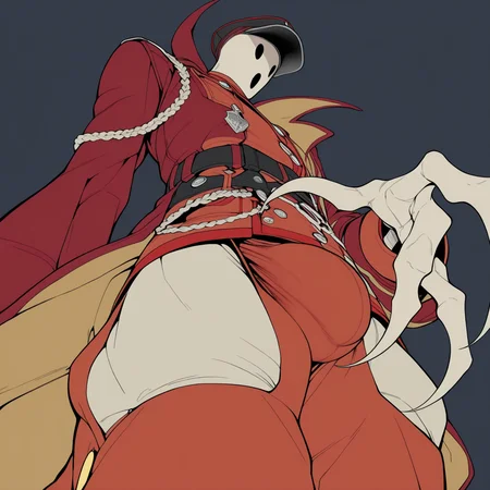 <lora:Pandoras Actor:1> (pandoras_actor), 1boy, solo, sharp fingers, pale, red jacket, bulge, masterpiece, flat color, view from below,