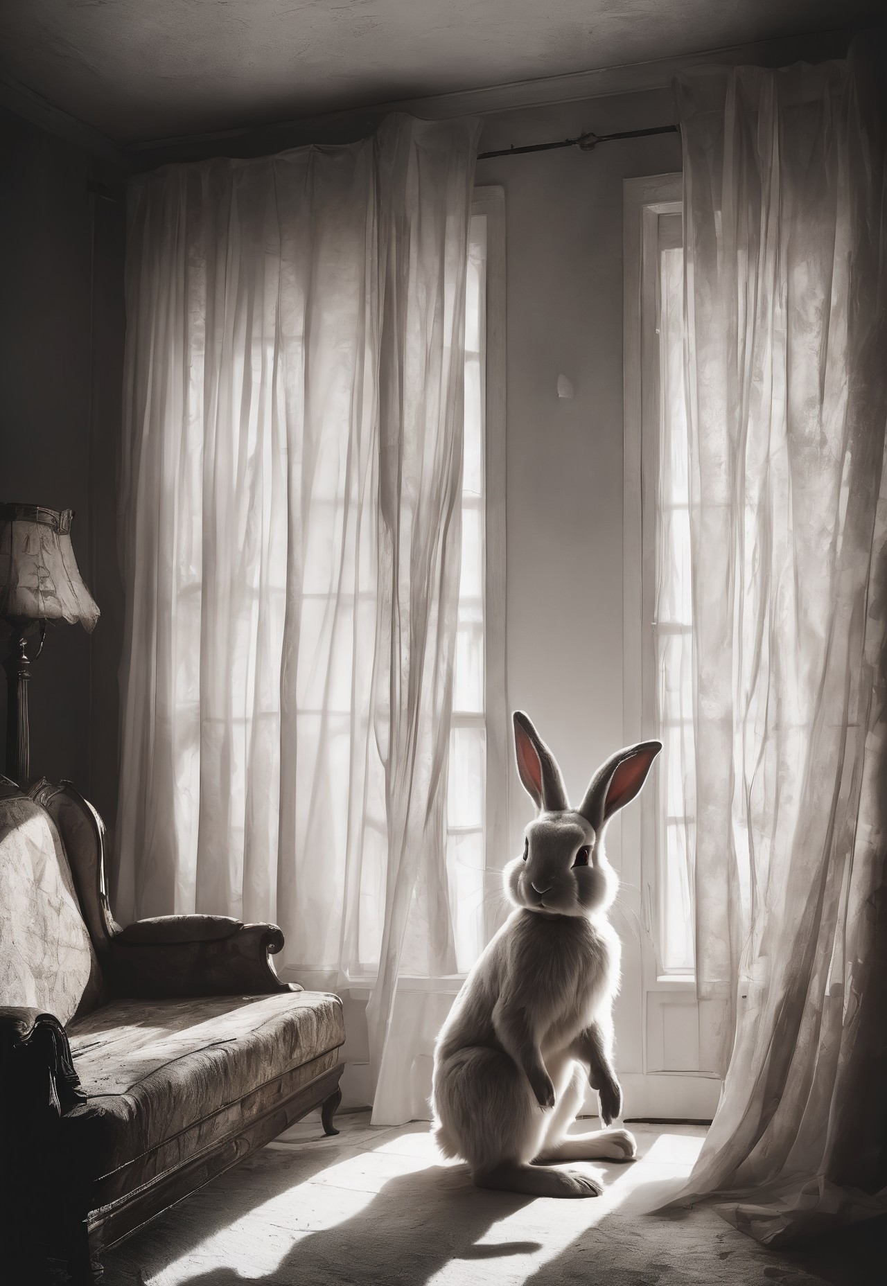 best quality, masterpiece, high resolution, dramatic lighting, a cute bunny with the silhouette of a long limb monster behind a curtain in the background, perfect lighting, backlight, spooky, (cute white bunny in the foreground:1.3), cute bunny, foreground, white fur, highly detailed fur, raytracing, fur simulation, fluffy, cute bunny in foreground, in a dimly lit attic, eerie, old furniture and cobwebs, background, old white curtain, torn and tattered, {silhouette of monster behind curtain:1.3), (monster in background:1.2), (monster behind bunny:1.1), imposing silhouette of a monster, tall monster, 4 legs, long limbs, mutated long limb humanoid silhouette crawling, towering silhouette behind bunny, back light