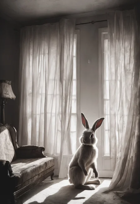 best quality, masterpiece, high resolution, dramatic lighting, a cute bunny with the silhouette of a long limb monster behind a curtain in the background, perfect lighting, backlight, spooky, (cute white bunny in the foreground:1.3), cute bunny, foreground, white fur, highly detailed fur, raytracing, fur simulation, fluffy, cute bunny in foreground, in a dimly lit attic, eerie, old furniture and cobwebs, background, old white curtain, torn and tattered, {silhouette of monster behind curtain:1.3), (monster in background:1.2), (monster behind bunny:1.1), imposing silhouette of a monster, tall monster, 4 legs, long limbs, mutated long limb humanoid silhouette crawling, towering silhouette behind bunny, back light