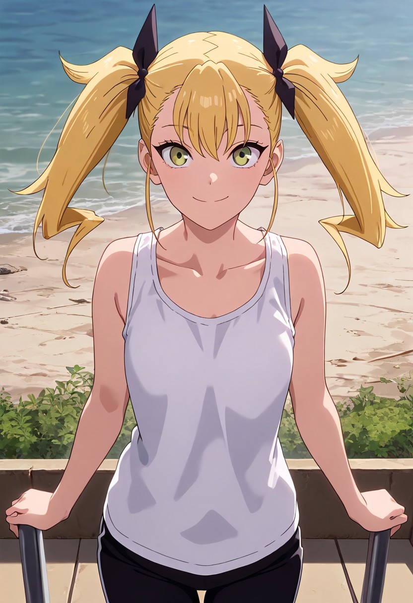 masterpiece,best quality,good quality,newest,
outdoors,detailed background,
smile,
looking at viewer,
solo,
KikoruShinomiya,1girl,blonde hair,twintails,green eyes,
white shirt,tank_top, black pants,
standing,