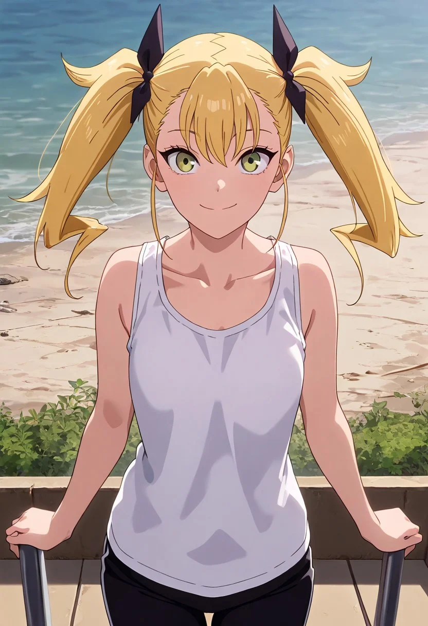 masterpiece,best quality,good quality,newest,
outdoors,detailed background,
smile,
looking at viewer,
solo,
KikoruShinomiya,1girl,blonde hair,twintails,green eyes,
white shirt,tank_top, black pants,
standing,