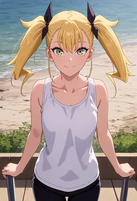 masterpiece,best quality,good quality,newest,
outdoors,detailed background,
smile,
looking at viewer,
solo,
KikoruShinomiya,1girl,blonde hair,twintails,green eyes,
white shirt,tank_top, black pants,
standing,