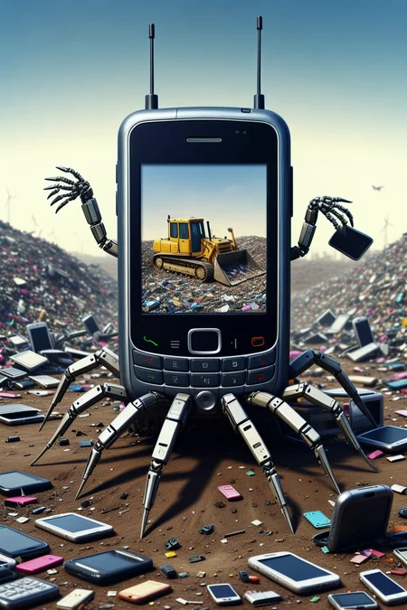 (a cellphone with spindly legs running away from a landfill site:1.4),bulldozer working in the background,inspired by the whimsical and macabre style of Mab Graves,<lora:luxart:0.7>,<lora:Cell_Phones_-_World_Morph:0.8>,C3LLPH0N3S,made of smartphones,