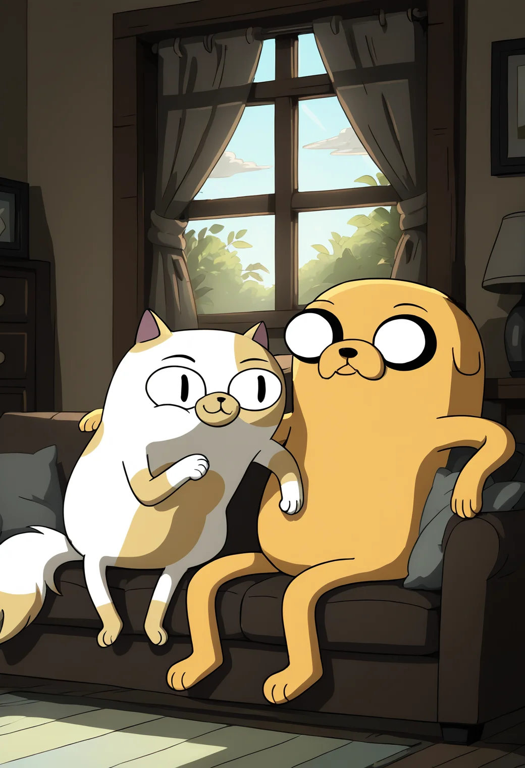 score_9, score_8_up, score_8,  <lora:Jake_the_DogCake_the_Cat_Adventure_Time_for_PonyXL:0.8> (1boy j4ke dog boy white eyes black sclera) sitting on couch, living room, window, smile, BREAK
 sitting next to, (1girl c4ke cat girl with black eyes), side by side,