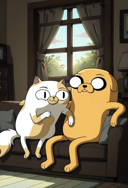 score_9, score_8_up, score_8, <lora:Jake_the_DogCake_the_Cat_Adventure_Time_for_PonyXL:0.8> (1boy j4ke dog boy white eyes black sclera) sitting on couch, living room, window, smile, BREAK
sitting next to, (1girl c4ke cat girl with black eyes), side by side,