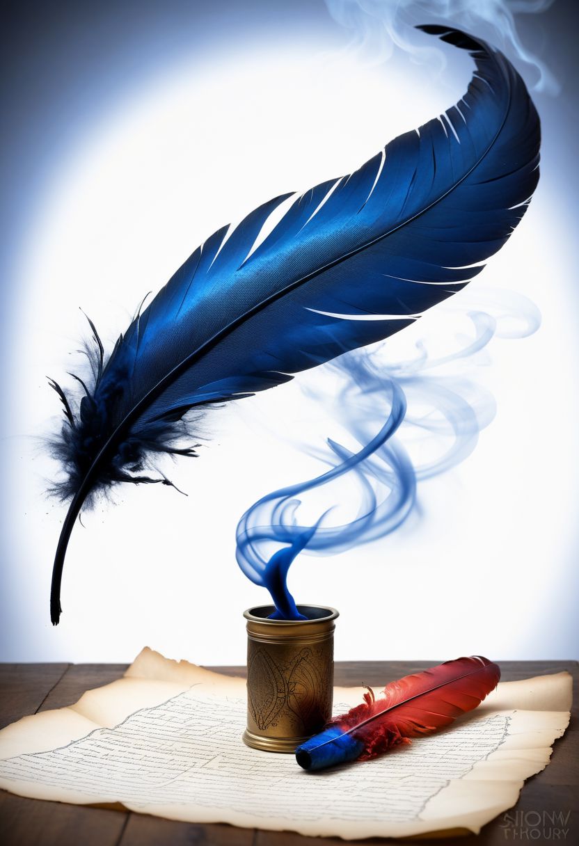 mysterious phoenix feather gliding through the air, feather dissolving into smoke, single drop of deep blue ink dropping from the tip of the feather into a half full ink pot while an old piece of aged paper scroll with beautiful writing and burning edges is hovering in the middle of it all, lightrays backlighting glorious feather, burning paper scroll dissoliving into smoke, lightrays backlighting smoke, fading blue red background, by Minjae Lee, Carne Griffiths, Emily Kell, Steve McCurry, Geoffroy Thoorens, Aaron Horkey, Jordan Grimmer, Greg Rutkowski, amazing depth, double exposure, surreal, geometric patterns, intricately detailed, bokeh,  perfect balanced, deep fine borders, artistic photorealism , smooth,  great masterwork by Suiras  <lora:add-detail-xl:2>  <lora:Double_Exposure:0.5>