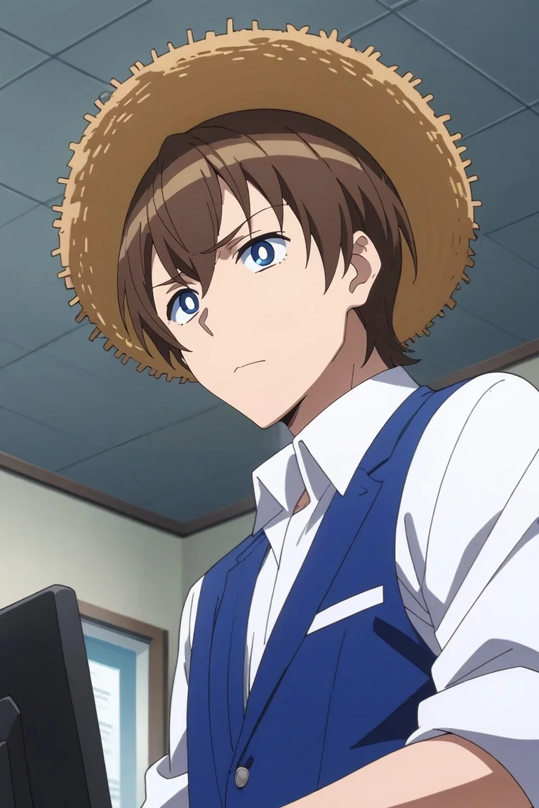 score_9, score_8_up, score_7_up, source_anime, rating_safe, , anime screencap, anime coloring, , looking at viewer, , 1boy, solo, male focus, <lora:masato_oosuki_pony:0.82>, masato_oosuki, brown hair, blue eyes, short hair, bangs, hair between eyes, bright pupils, white pupils, from below, office, computers, indoors, dark, hand on hip, sad, , straw hat, <lora:sdxl_lightning_8step_lora:1>
