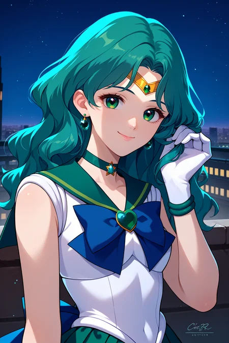 score_9, score_8_up, score_7_up, score_6_up, source_anime, 1girl, solo, <lora:sailorneptune-pdxl-nvwls-v1-000005:1> slrnp, cyan hair, long hair, wavy hair, green eyes, circlet, earrings, choker, white shirt, green sailor collar, sleeveless, blue bowtie, brooch, cyan skirt, pleated skirt, white leotard, white gloves, elbow gloves, high heels, magical girl, upper body, portriat, looking at you, night sky, city, smile, closed mouth, happy, hand in hair