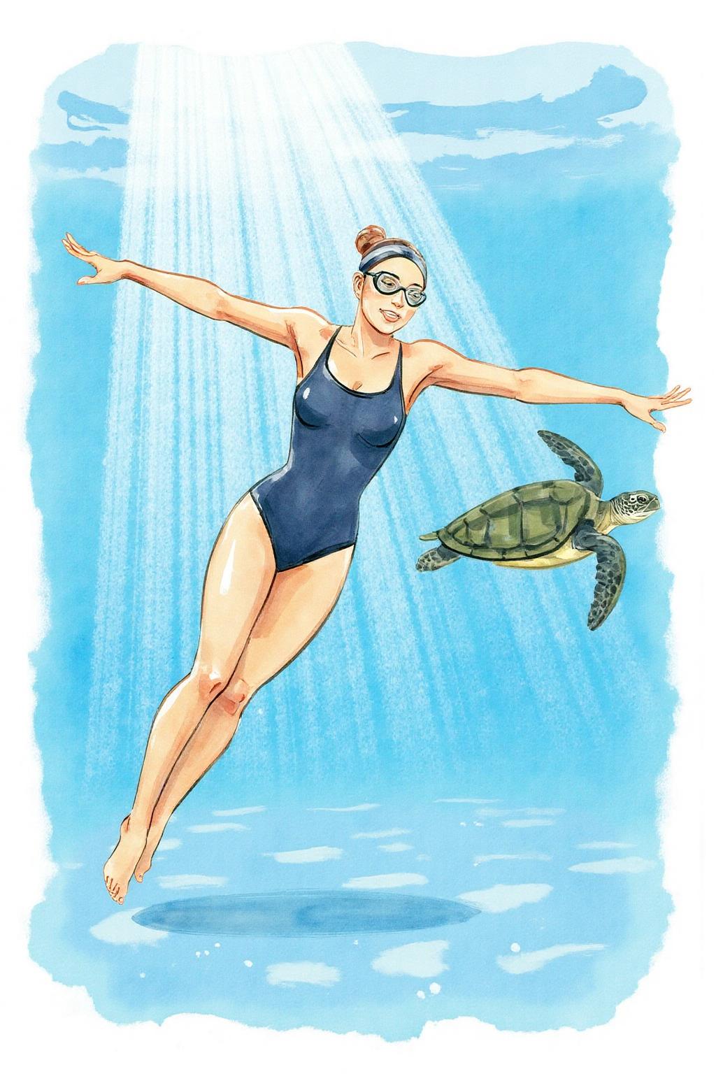 watercolor illustration. 
a woman swimming underwater. The woman is wearing a one piece swimsuit, and she is wearing goggles on her eyes. Her arms are outstretched. To the right of the woman, a sea turtle is swimming in the water <lora:watercolor.comic1_cap_d6a3:1.0><lora:830642195678851485:0>