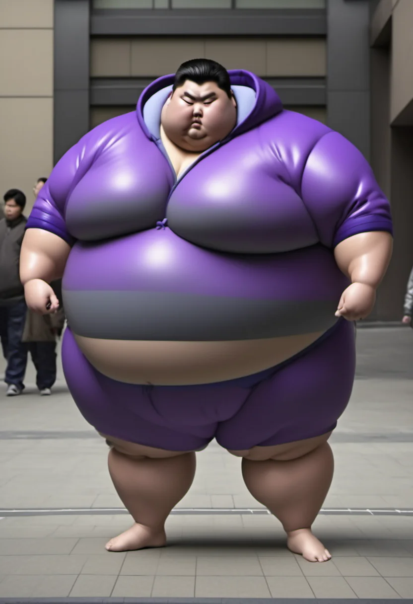 <lora:runga8:0.8>male focus, 1boy, superchub, big belly, sumo, solo, standing, thick arms, full body, fat, black hair, fat young japanese man,in city,purple hoody,mastershape,4k photo,