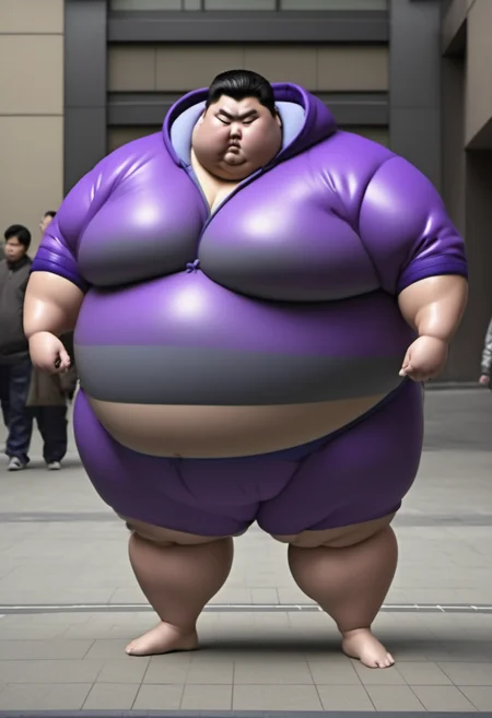 <lora:runga8:0.8>male focus, 1boy, superchub, big belly, sumo, solo, standing, thick arms, full body, fat, black hair, fat young japanese man,in city,purple hoody,mastershape,4k photo,