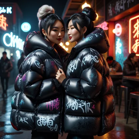 dark cinematic still with dark vibes, full body shot of kissing  asian tall women  wearing an Graffiti-inspired designs   extra_puffy_jacket,  unique hair styles,   looking at the camera, shallow depth of field, 8k uhd, dslr,  high quality, photorealistic, realism, hyperrealism,
, fine dining scene 
 <lora:Puffer_Jacket_and_Down_Jacket_-_Extra_Puffy_Jackets:0.9>, smile  <lora:add-detail-xl:1>