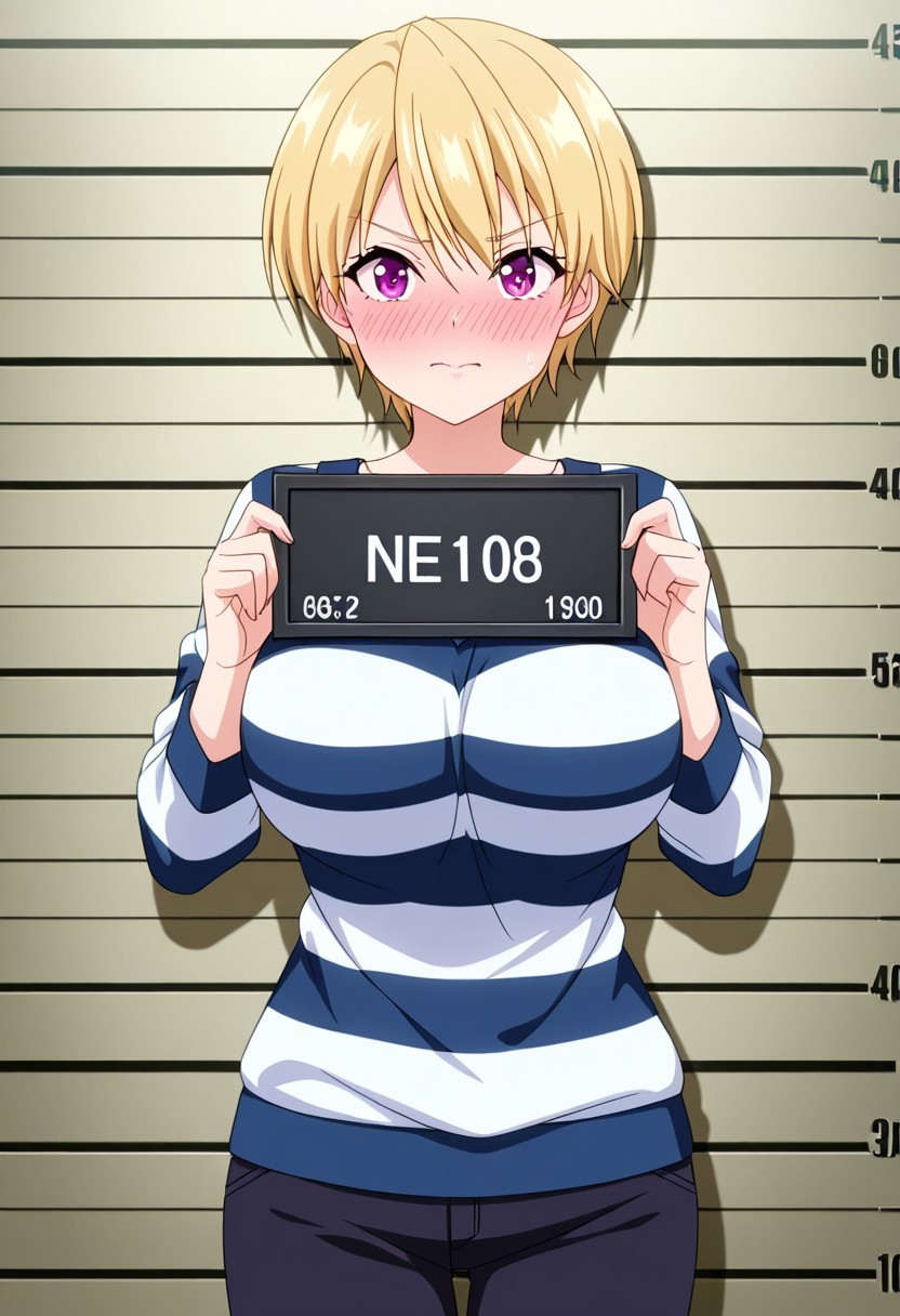 general,highres, ultra-detailed,very aesthetic,best quality ,best hands,best eyes,easynegative,
anime cloring,anime screencap,
1girl solo,looking at viewer,holding Prisoner number plate,embarrassed, cowboy shot, mugshot background,stripe jail clothes, 
Haruki AZUMA,blonde_hair, short_hair, purple_eyes, huge_breasts,