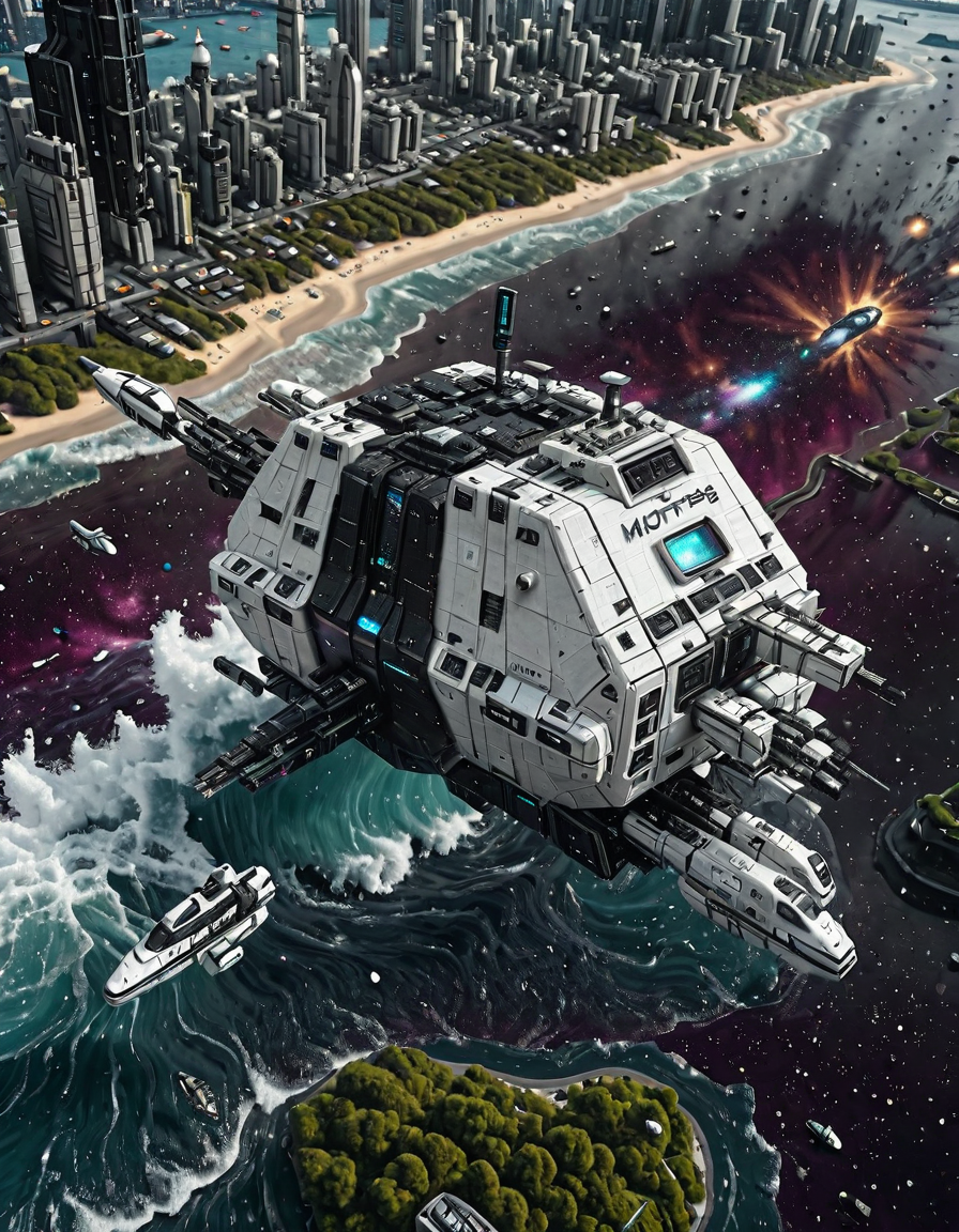 <lora:Space_Worlds_Minis_3v2:1> swminis3bis, cyberpunk city, sea, aerial view, vegetation, waves, mothership, soft hyperspace, rabbit ears
