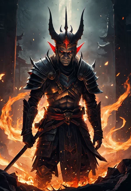 4k, high resolution, best quality, perfect colors, perfect shadows, perfect lighting, final showdown super illustration extremely detail, story of the brave, dark sky, false glory, supernatural existence, even if all hope is lost, seek more power, stepping on countless corpses and shouldering the burden of guilt, darkness of night fall, demon inside, all range, blood burning, moonlight signpost with run through, wipe away the pain and sadness, until we tear apart the darkness and bring light, stir up blood, to weave hope, determined eyes, scary old face, stunning elaborate wand, following the scars, firelight scattered, in light and shadow, beautiful detail, heat haze in light and shadow, fiery, fire blazed on the ground, shed tears of fate, bloody road, fleeting prayer that scatters, until the afterlife, feel the last time, heartbeat double exposure, an impending strong enemy, goblin, hairless, wearing a crown, wearing samurai armor, oil painting, fantasy, digital art, highly detailed, overall detail, atmospheric lighting, Awash in a haze of light leaks reminiscent of film photography, awesome background, highly detailed styling, intricate details, highly detailed, cinematic,