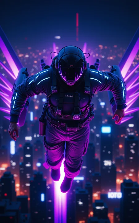 A pilot wears a black,form-fitting flight suit with glowing blue lines and high-tech armor as he glides freely through the night sky. His booster releases waves of purple ion energy. His visor reflects the neon lights of a futuristic city skyline in the distance. The scene has a cyberpunk vibe,with high-dynamic lighting effects against a starry night backdrop.,<lora:kcyberpunk-02:0.8>,kcyberpunk,