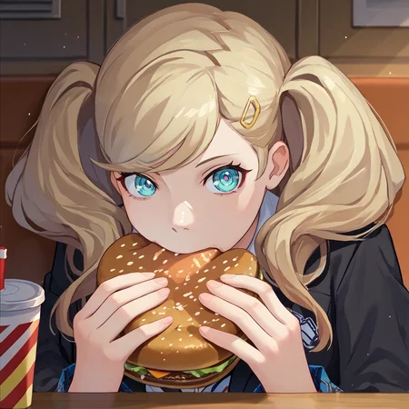score_9, score_8_up, score_7_up, score_6_up, source_anime BREAK 1girl, <lora:jermawhopper-pdxl-nvwls-v1-000005:1> jermaWhopper, eating, burger, looking at you, upper body <lora:AnnP5-pdxl-bsinky-v1:1>defAnn, twintails, hairclip, school uniform, black jacket, open jacket, white hoodie, plaid skirt