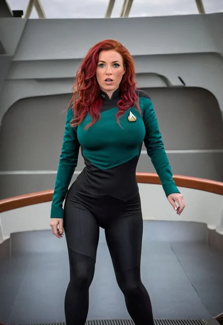 portrait photo of, a ((ultra detailed), (((Masterpiece))), (((realistic)), Sexy Scottish woman, 30 year old MILF, Red Hair, freckles, curvy body, green eyes, long hair, ((huge boobs)), red wavy hair, BREAK, Standing aboard a Star Trek Vessel's bridge,wearing a red Starfleet uniform, on the Enterprise, BREAK, ashley_rogers_model, huge ass, huge breasts, big ass, big breasts, huge hips, narrow waist, b1mb0, bimbo, woman, taking_off_shirt, embarassed, humiliation, covering nudity