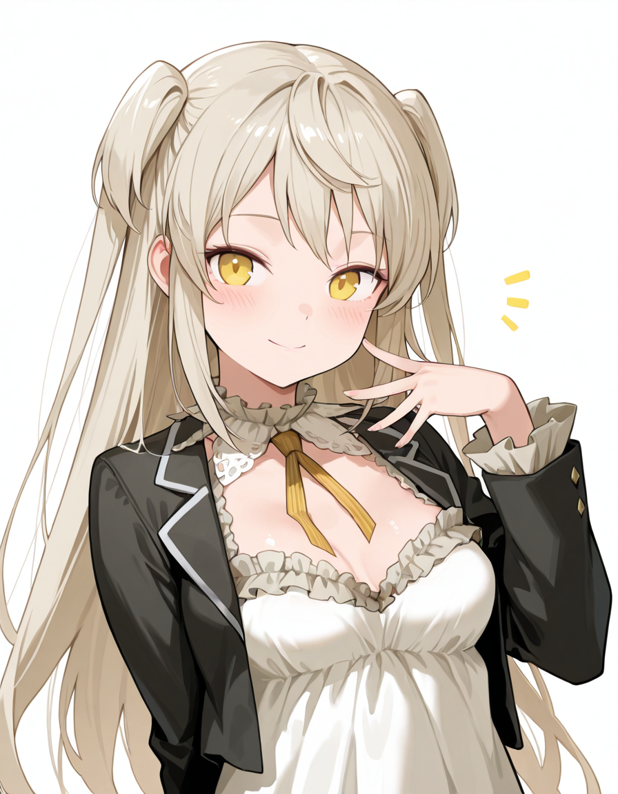 Volumetric Lighting, (masterpiece), (best quality), (ultra-detailed), masterpiece, source_anime, score_9, score_8_up, score_7_up BREAK, illustration, disheveled hair, detailed eyes, perfect composition, moist skin, intricate details BREAK, Deagle, yellow eyes, very long hair,medium breast , two side up BREAK, DeagleDef, def_frilled_dress, def_blazer, open blazer, def_detached_collar, def_neck_ribbon, frilled collar, BREAK, ((white background)), looking at viewer,smile, upper body, face focused, hand up, detailed fingers