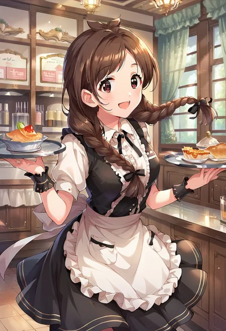 score_9, score_8_up, score_7_up, source_anime,tsujino akari, brown hair, long hair, brown eyes, 1girl, braid, twin braids, solo, tray, smile, apron, ribbon, open mouth, waitress