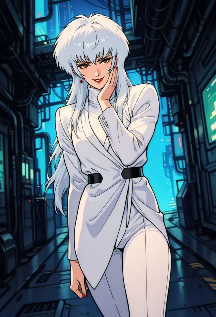 MerillYanagawaCCO, 1boy, solo, androgynous, albino, white hair, very long hair, thick hair, bangs, red eyes, eyelashes, nose, lips, red lipstick, makeup, white formal suit, white jacket, long sleeves, white turtleneck, black belt, white pants, white shoes, high heels, red nails, red stud earrings, ring,
,seductive pose, sexy pose, tease, 
masterpiece, best quality, ultra-detailed, very aesthetic, detailed background, very aesthetic, newest, scenery, highres, 4k, absurdres, 8k, colorful,vibrant, glowing, perfect face, 2d, perfect eyes, detailed eyes, 
 masterpiece, best quality, ultra-detailed, very aesthetic, newest, scenery, absurdres, perfect anatomy, , perfect face, perfect eyes, mature body, clear eyes, beautiful eyes, athletic, curvy body, athletic.  pinup pose, teasing, lustful expression,
, dutch angle,
naughty smile,
,detailed eyes,Smooth Negative, highres, absurdres,  retro_artstyle, retro, cyberpunk