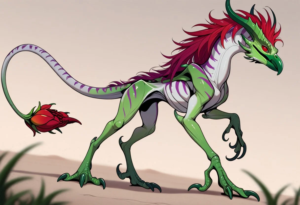 masterpiece, best quality, amazing quality, highres, absurdres, Gaula, plant monster, bullhorns, spine, red eyes, scales, claws, beak, gradient hair, white skin, purple stripes, green beak, sharp beak, long tail, claws, leaf mane along back, red eyes, red mane, mane along back, ((flowerbud tail, perfect flowerbud tail, flowerbud-tipped tail, detailed flowerbud tail, flowerbud tail focus)):1.2, 4 legs, quadruped, claws, Dutch angle, high angle, close up, ((tail tip focus, tail tip in foreground)), depth of field,