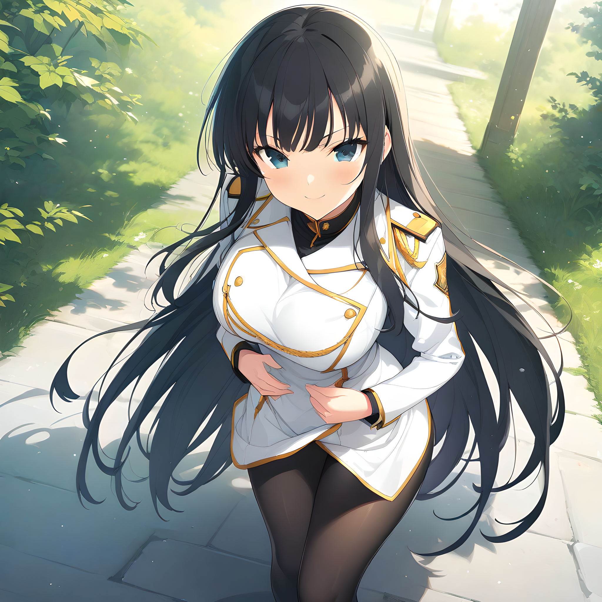 (masterpiece),(best quality),(ultra-detailed),(best illustration),(best shadow),(absurdres),(detailed background),(very aesthetic), ikaruga(sk), black hair, long hair, black eyes, large breasts, military uniform, black pantyhose, smile, looking at viewer, hands on waist, white uniform, <lora:XL-IkarugaSK:1>