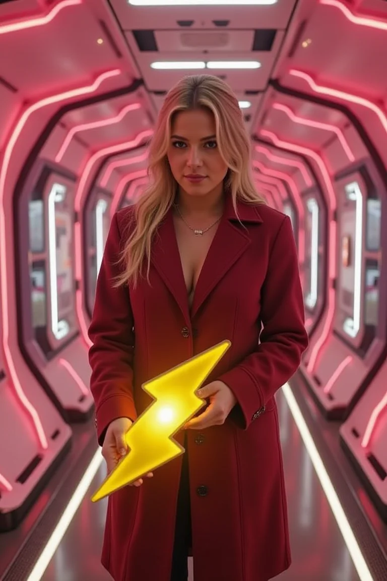 The image depicts a person standing in a futuristic, neon-lit corridor. The individual is dressed in a deep red coat and has long blonde hair. They are holding a bright yellow lightning bolt-shaped object, which appears to be a light or a device. The background features a series of illuminated panels and a sleek, modern design, suggesting a high-tech environment. The lighting is predominantly pink and white, creating a vibrant and dynamic atmosphere.