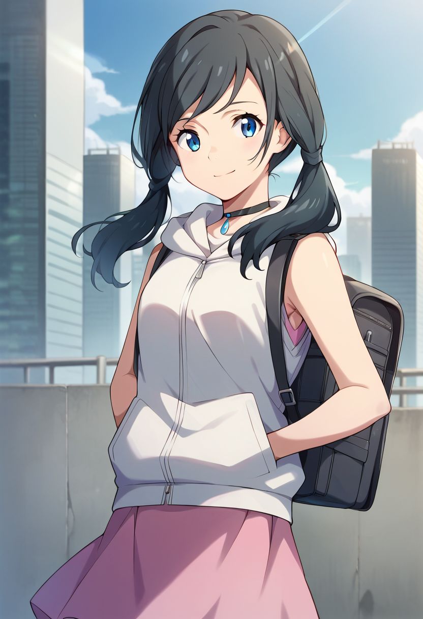 score_9, score_8_up, score_7_up, source_anime, hina amano, black hair, twintails, blue eyes, smile, skirt, jacket, sleeveless, choker, hood, bag, hoodie, white jacket, backpack, hood down, hooded jacket, pink skirt, sleeveless jacket, sleeveless hoodie, outdoors, cityscape, looking at viewer, dutch angle, cowboy shot,