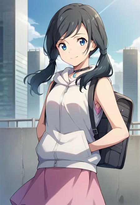 score_9, score_8_up, score_7_up, source_anime, hina amano, black hair, twintails, blue eyes, smile, skirt, jacket, sleeveless, choker, hood, bag, hoodie, white jacket, backpack, hood down, hooded jacket, pink skirt, sleeveless jacket, sleeveless hoodie, outdoors, cityscape, looking at viewer, dutch angle, cowboy shot,