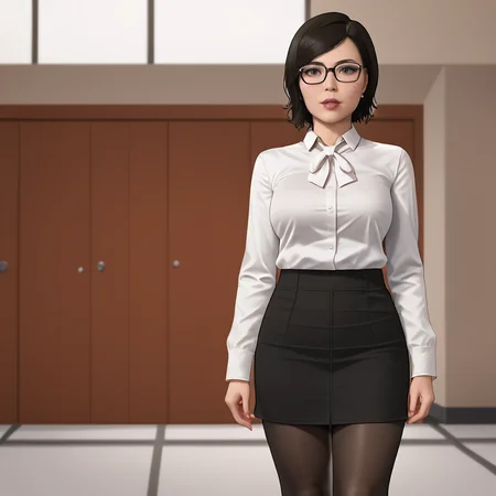 <lora:yuriwatanabespidermanps4_pony_v1:.8> YuriWatanabePS4, 1girl, solo, large breasts, , black hair, short hair, lips, cowboy shot,, lipstick,eyeshadow, cowboy shot <lora:0906 Home wear 6_v1_pony:1> ruanyi0906,black pantyhose,black skirt,blouse,glasses,long sleeves,white shirt