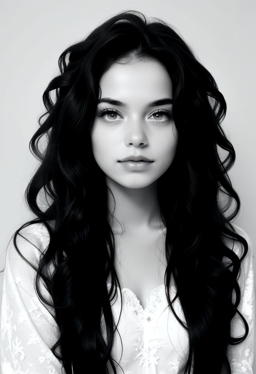 score_9, score_8_up, score_8_up, ((masterpiece, best quality, extremely detailed, absurdres))  female, 1girl, looking at viewer, long hair, curly hair,perfect portrait, close-up, face photograph, intense look, moving, deep thoughtful eyes, pretty eyes, very detailed, simple background, extremely detailed, grey scale, black and white, monochrome,  , (((half face out of frame)))