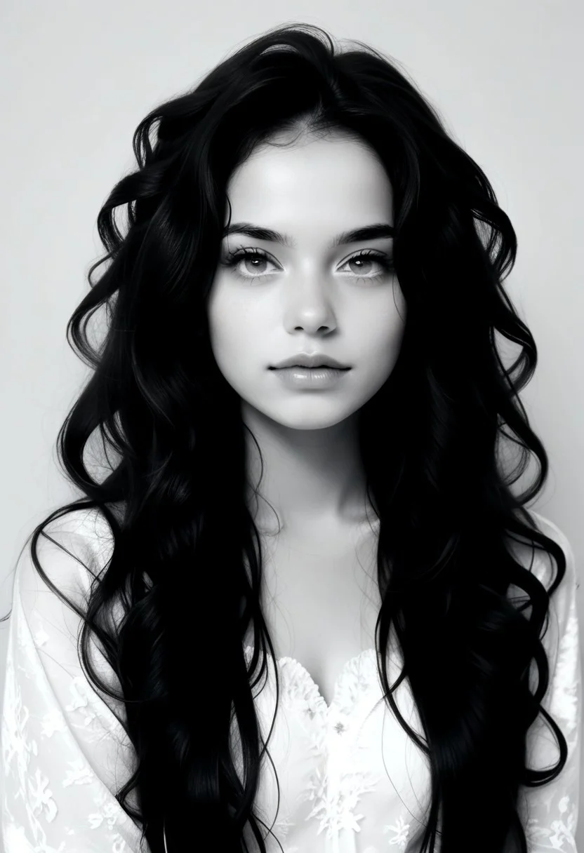 score_9, score_8_up, score_8_up, ((masterpiece, best quality, extremely detailed, absurdres)) female, 1girl, looking at viewer, long hair, curly hair,perfect portrait, close-up, face photograph, intense look, moving, deep thoughtful eyes, pretty eyes, very detailed, simple background, extremely detailed, grey scale, black and white, monochrome, , (((half face out of frame)))