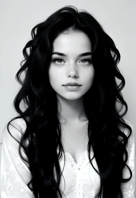 score_9, score_8_up, score_8_up, ((masterpiece, best quality, extremely detailed, absurdres)) female, 1girl, looking at viewer, long hair, curly hair,perfect portrait, close-up, face photograph, intense look, moving, deep thoughtful eyes, pretty eyes, very detailed, simple background, extremely detailed, grey scale, black and white, monochrome, , (((half face out of frame)))