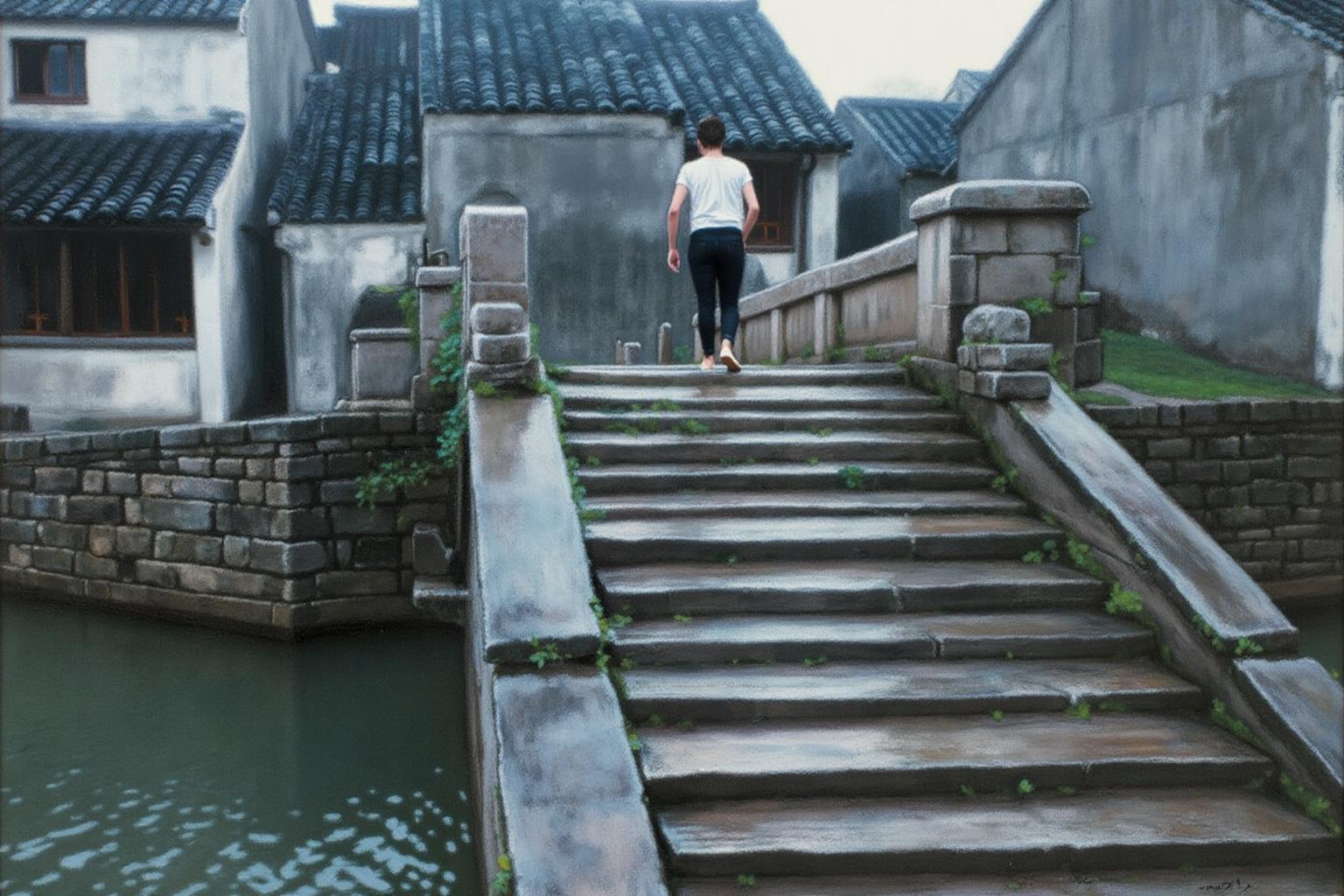 chenyifei2 painting.
A stone staircase ascends from the bottom left to the center, leading up to a narrow, rustic bridge made of weathered stone and wooden planks. A woman, her back to the viewer, is standing at the top of the staircase.
 <lora:chenyifei2_cap_d6a3:1.0><lora:839839885323078296:0>