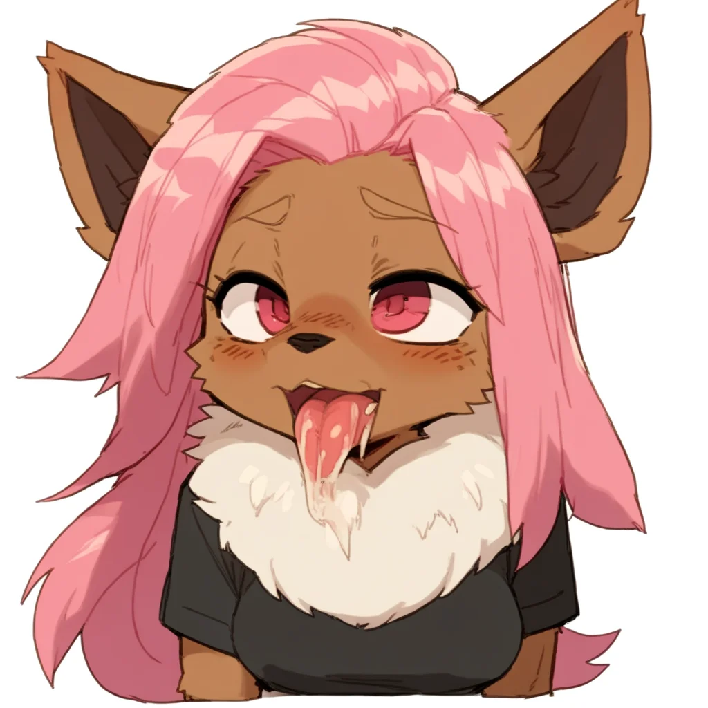 tongue, testicles, hair over eyes, white background, fur collar, fellatio, brown eyes, blush, black fur, red eyes, short sleeves, pink hair