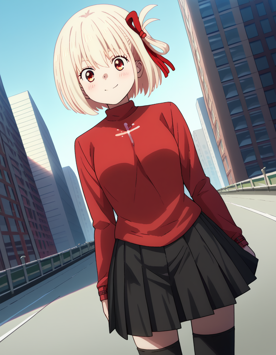 score_9, score_8_up, score_7_up, source_anime, chisatonishikigi, <lora:chisato-nishikigi-s1-ponyxl-lora-nochekaiser:1>, chisato nishikigi, short hair, bangs, blonde hair, red eyes, hair ribbon, one side up, bob cut,, <lora:rin-tohsaka-cosplay-ponyxl-lora-nochekaiser:1>, rintohsakacosplay, tohsaka rin \(cosplay\), black skirt, black thighhighs, long sleeves, miniskirt, pleated skirt, red sweater, skirt, sweater, thighhighs, turtleneck,, cityscape, street, smile, blush,, cowboy shot, dutch angle, solo,