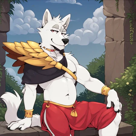 score_7_up, score_8_up, score_9,  source_furry, detailed background, <lora:CassiusPony:1>, cassius, pinup, pose, posing, smug, Cassius, navel, jewelry, shoulder armor, capelet, red shorts, sitting,