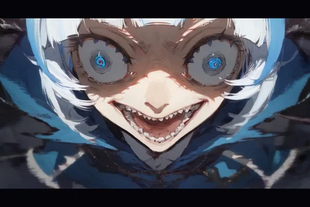 <lora:insanity-angle:1>, score_9, score_8_up, score_7_up, insanity-angle, 1girl, letterboxed, gawr gura, gawr gura \(1st costume\), white hair, blunt bangs, blue eyes, streaked hair, blue hair, blue hoodie, crazy eyes,