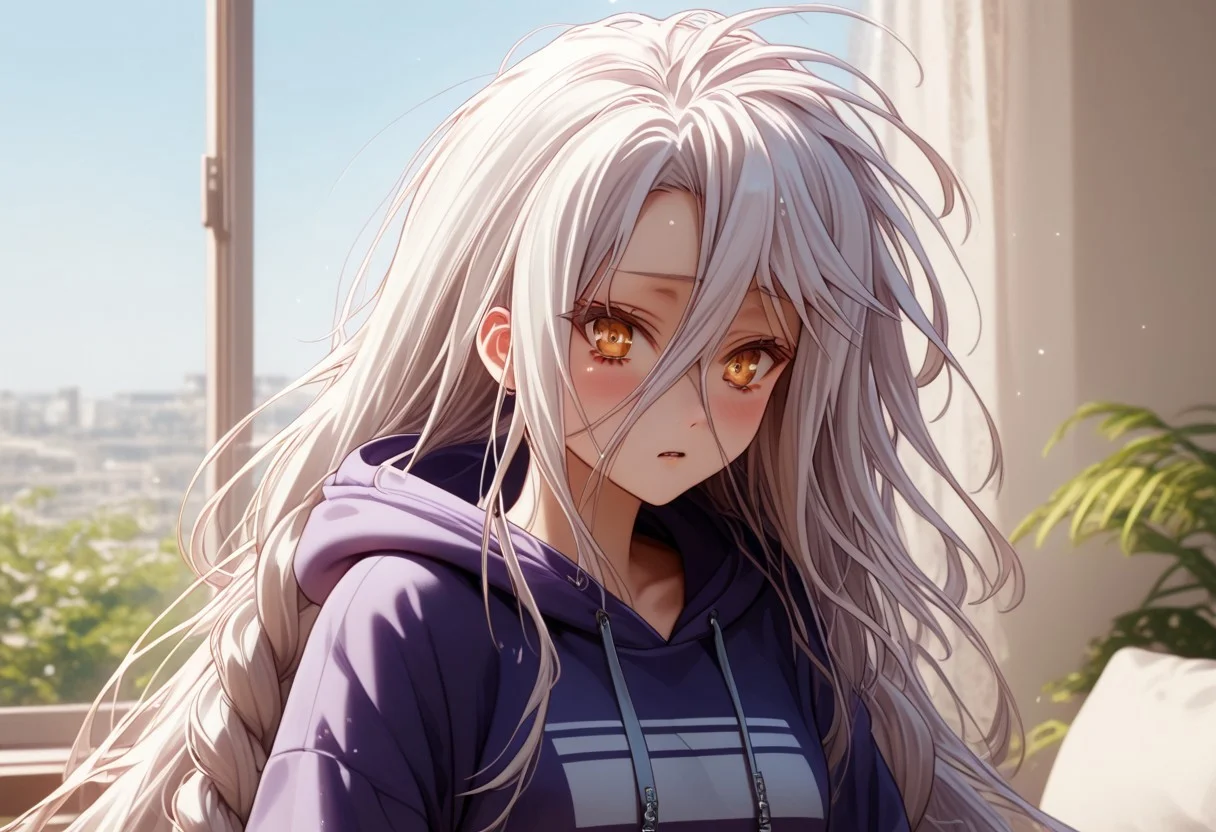 score_9, score_8_up, score_7_up, score_6_up,realistic style photo,masterpiece, ultra-realistic 8k, (best quality), intricate details,high detail, sharp, detailed, 1girl, beautiful, shiro, long hair, hair between eyes, very long hair, white hair, twin braids, messy hair, yellow eyes, fair skin, small breasts, hoodie, leggings, computer office with fire element, computers composed of fire elements, worried expression, scared expression, summer sunlight, upper body, looking at viewer , perfect, perfection, zPDXL2,b3yum1, ais-wirez